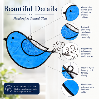 decorative blue stained glass bird ornament closeup