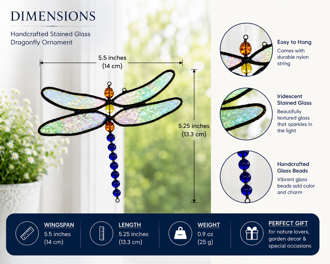 dimensions of stained glass dragonfly ornament by j devlin glass art