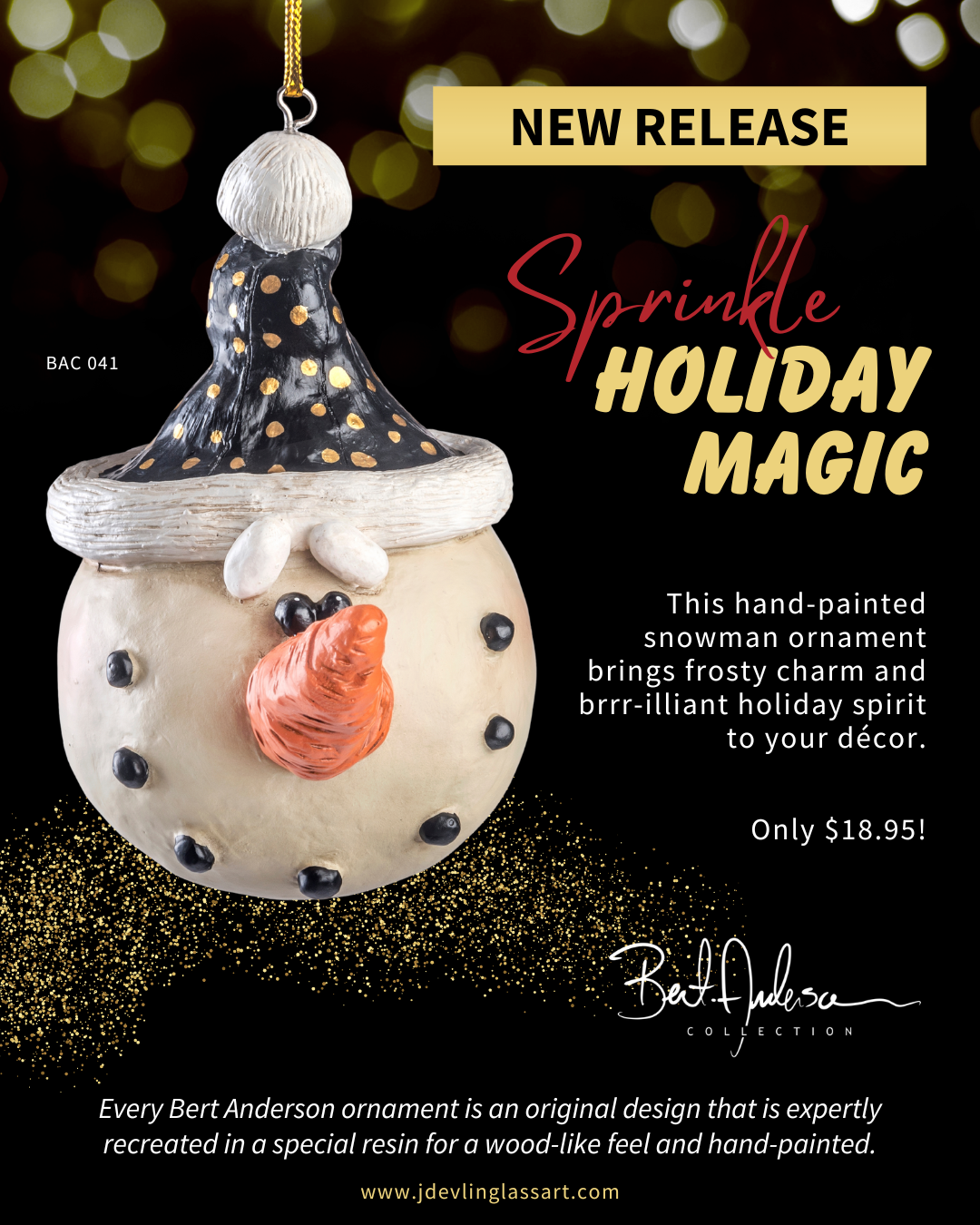 Snowman Ornament with Black and Gold Stocking Cap Bac 041