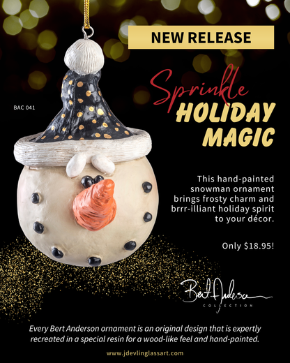 Snowman Ornament with Black and Gold Stocking Cap Bac 041