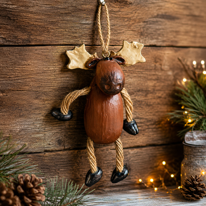 Rustic resin moose ornament hanging on wood wall