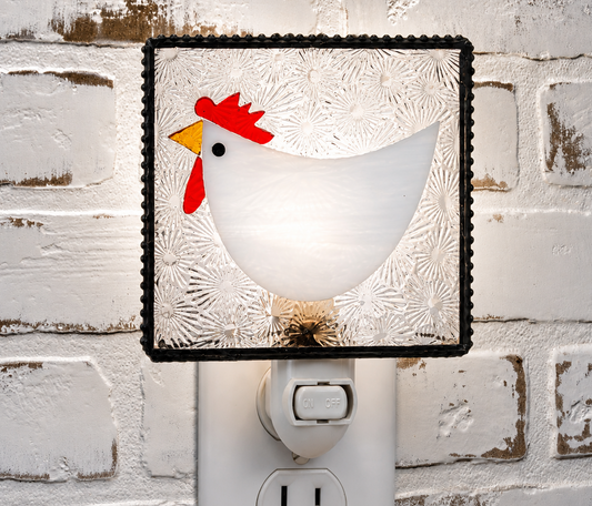 Handcrafted stained glass chicken night light with farmhouse style