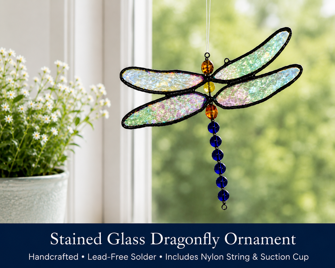 close up of iridescent stained glass dragonfly wings and beaded body
