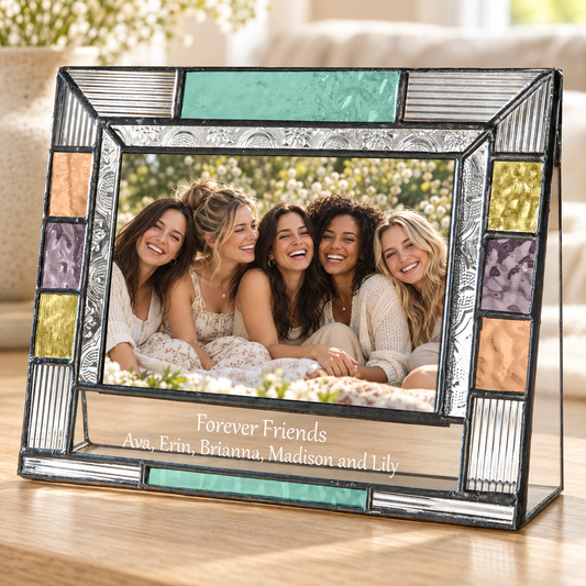 J Devlin 4 × 6 horizontal stained glass frame with green, purple, peach and yellow panels, five friends, and personalized Forever Friends engraving.