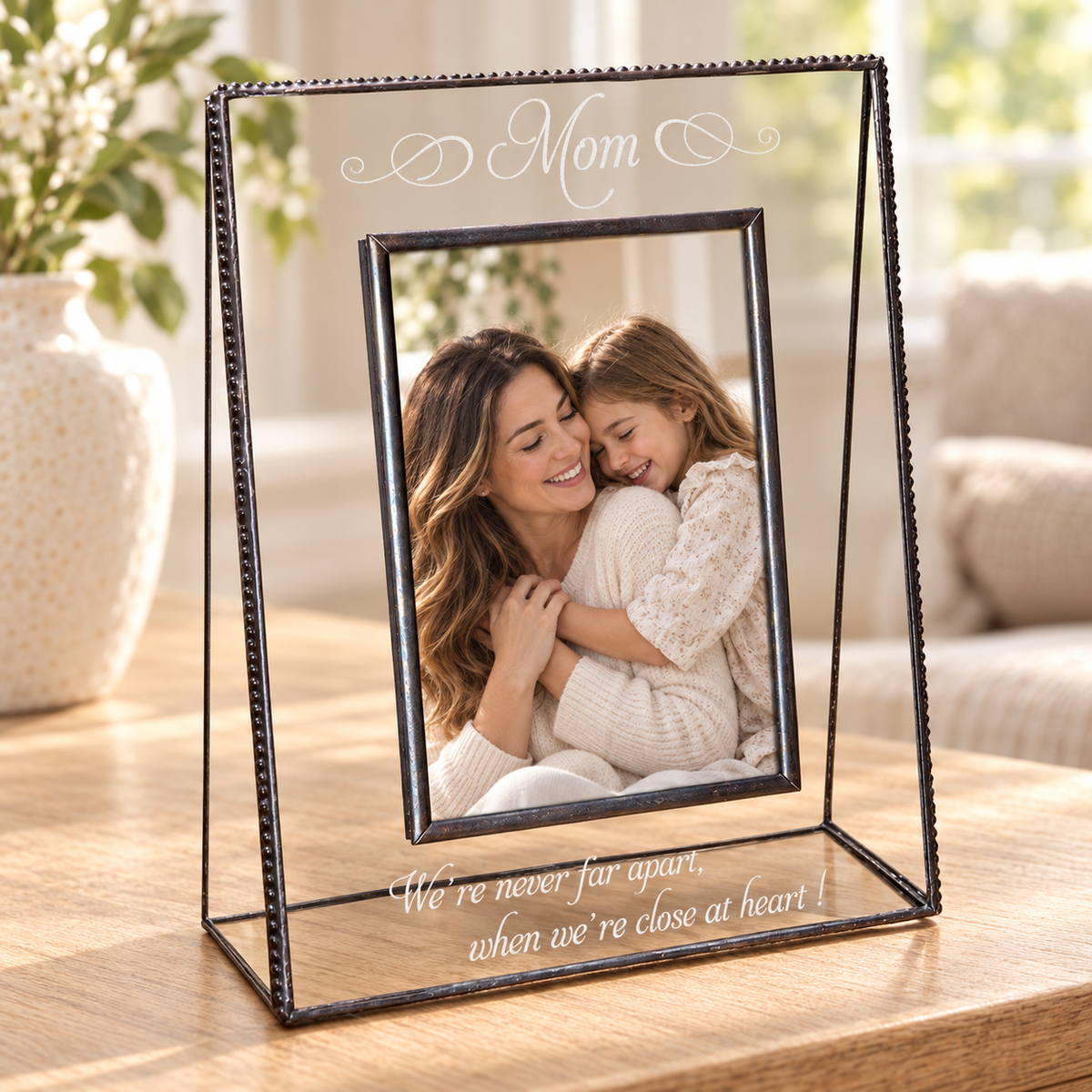 J Devlin 4 × 6 vertical clear glass Mom picture frame with a mother-and-daughter portrait and “We’re never far apart, when we’re close at heart!” engraving.