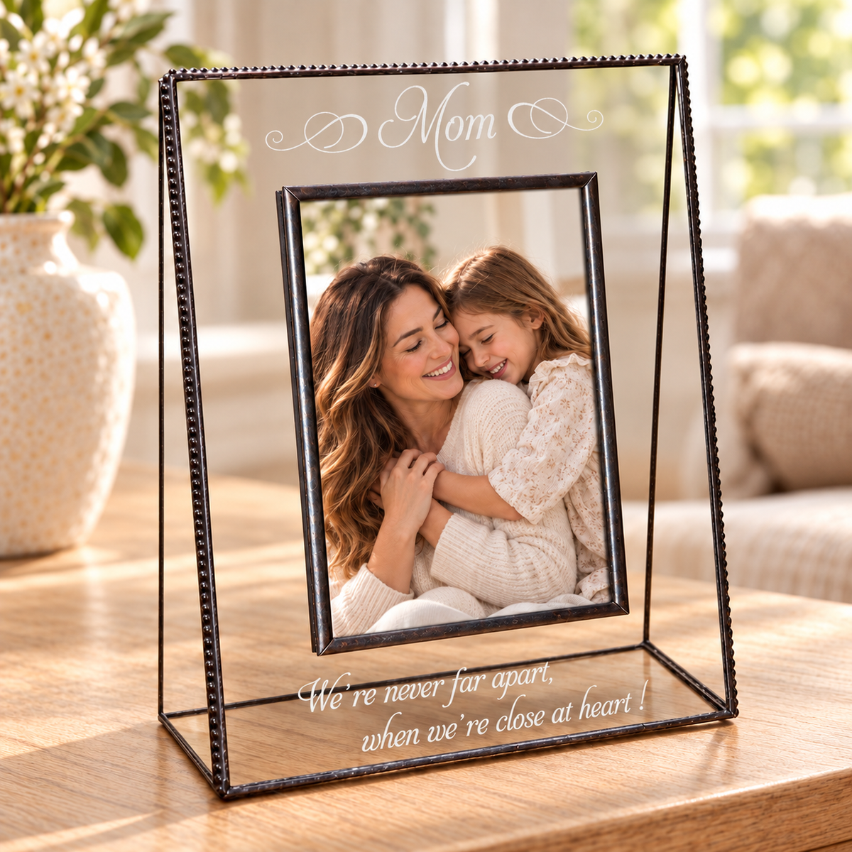 J Devlin 5 × 7 vertical clear glass Mom picture frame with a mother-and-daughter portrait and “We’re never far apart, when we’re close at heart!” engraving.