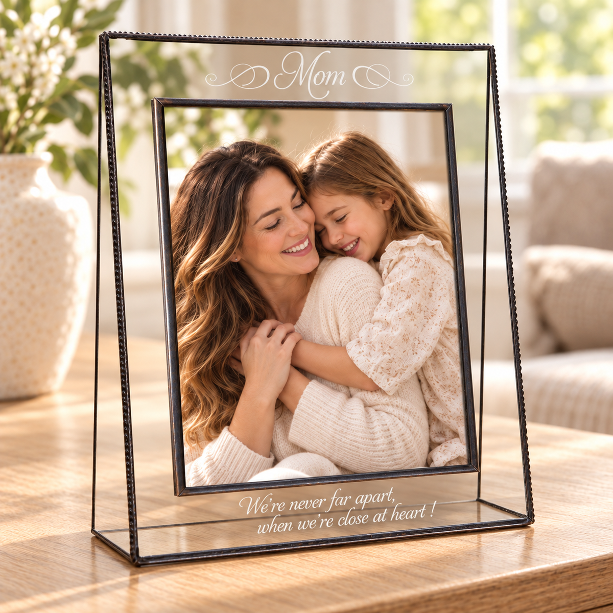 J Devlin 8 × 10 vertical clear glass Mom picture frame with a mother-and-daughter portrait and “We’re never far apart, when we’re close at heart!” engraving.