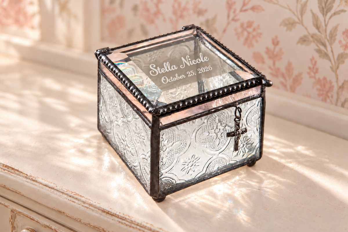 Personalized glass keepsake box with name and date engraving