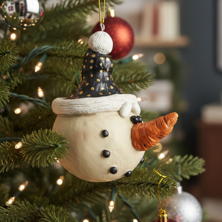 Snowman Ornament with Black and Gold Stocking Cap Bac 041
