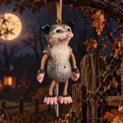 A Possum hanging ornament suspended from a tree branch in an outdoor yard at dusk. The opossum has gray fur, black ears and tail, a pink nose and paw pads, and rope arms and legs.
