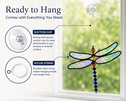 dragonfly ornament includes suction cup and nylon hanging string