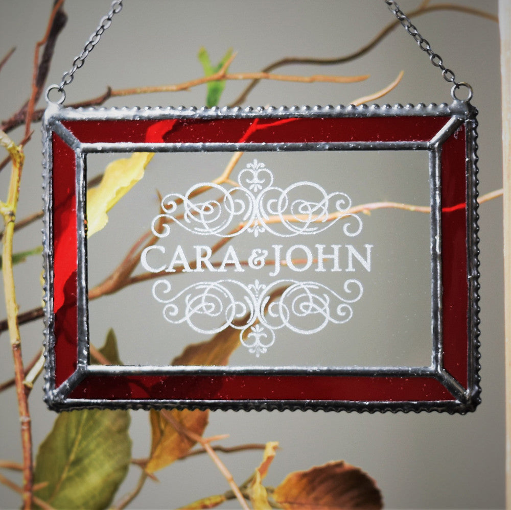 First Christmas Ornament Personalized for Couple or Baby Red Stained Glass Sun Catcher J Devlin Orn 266-1 EO106